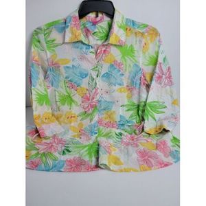 Pappagallo Coral‎ White Floral Sequin Top Size M 100% Cotton Lightweight Classic